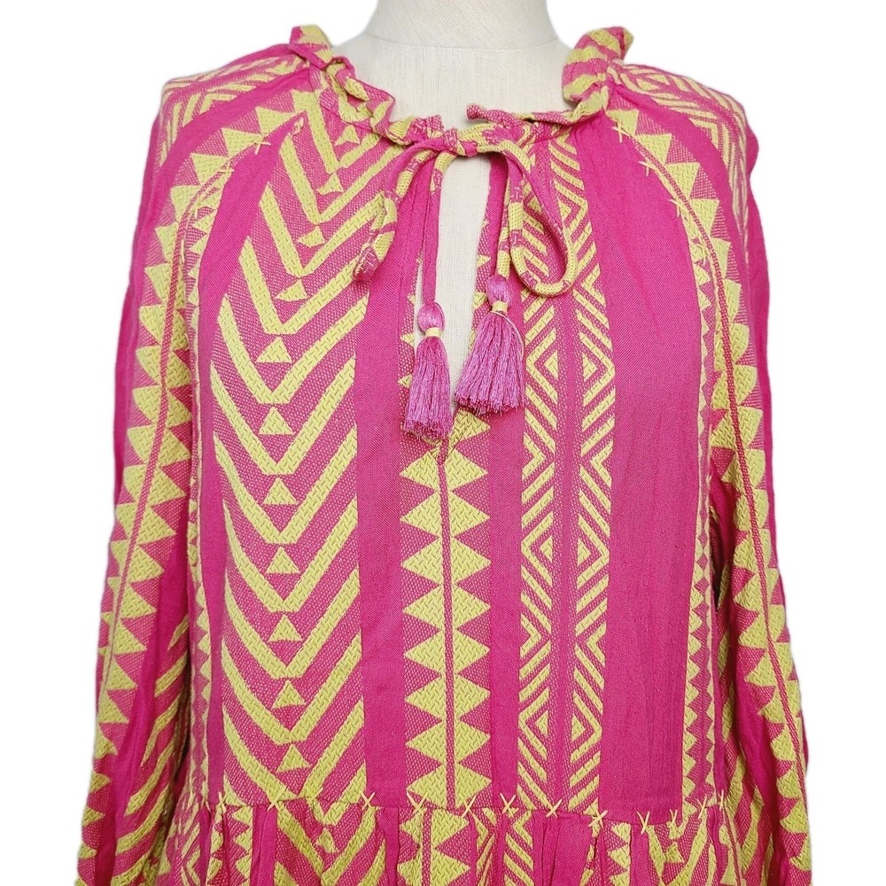 NEW Maeve Anthropologie Embroidered Boho Tassel Dress Pink Yellow Geometric M - Picture 3 of 14